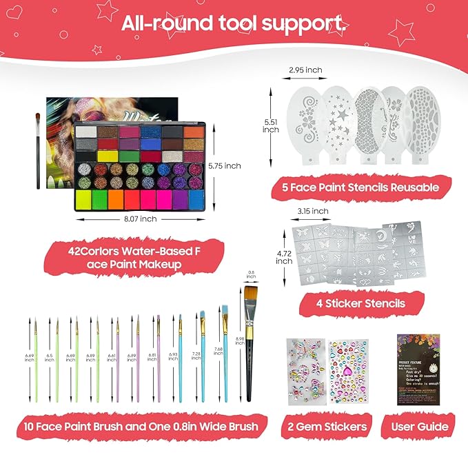 Pintada 42 Color Face Painting Kit for Kids - Non Toxic Water Activated Face Paint Palette With Stencils, Brush, Gems. For Carnival, Halloween, Costume Makeup and Any Creative Activity with Kids