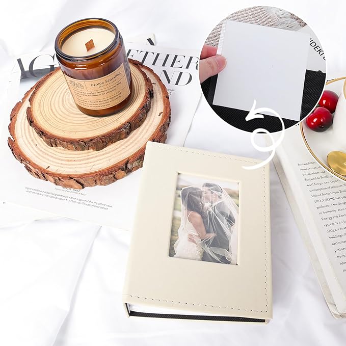 RECUTMS 100 4x6 Small Photo Album with Front Window, Premium Leather Cover Hold 100 Vertical Photos for Family Wedding Baby Children (Beige)