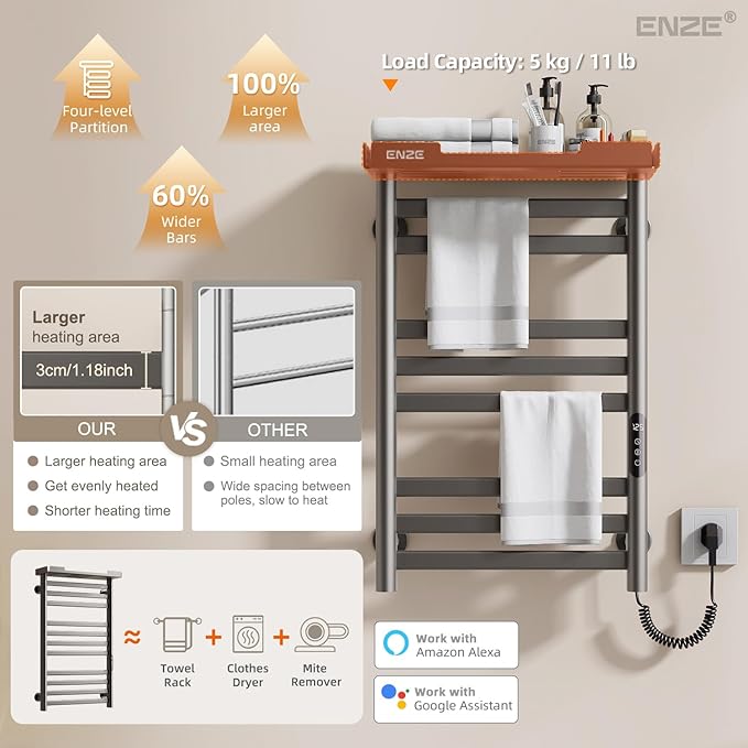 ENZE Heated Towel Rack with Shelf and Wi-Fi App Control, 8 Bars Electric Wall Mounted Towel Warmer with Timer & Adjustable Temperature, Low Carbon Steel, Plug-in/Hardwired, Gray