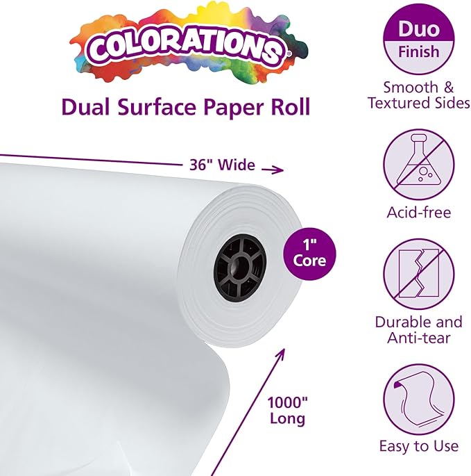 Colorations Dual Surface Paper Roll Classroom Supplies for Arts and Crafts White (36" x 1000') (Item # DSWH)