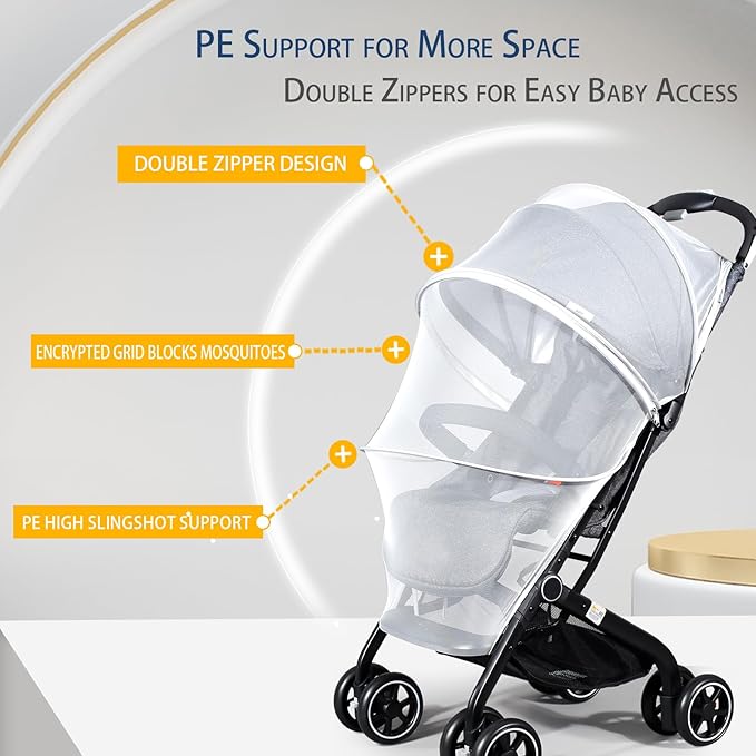 Mosquito Net for Stroller, Universal 3D Baby Bug Net with Two-Way Zippers & Storage Bag, Breathable & Foldable Netting for Stroller,Cradle（White）