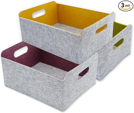 Welaxy Storage Baskets Collapsible Felt Storage bin Foldable Shelf Drawers Organizers for Kids Pet Toys magazine Books Clothes Closet Cabinet decluttering (Curry +Moss green + Wild berry)