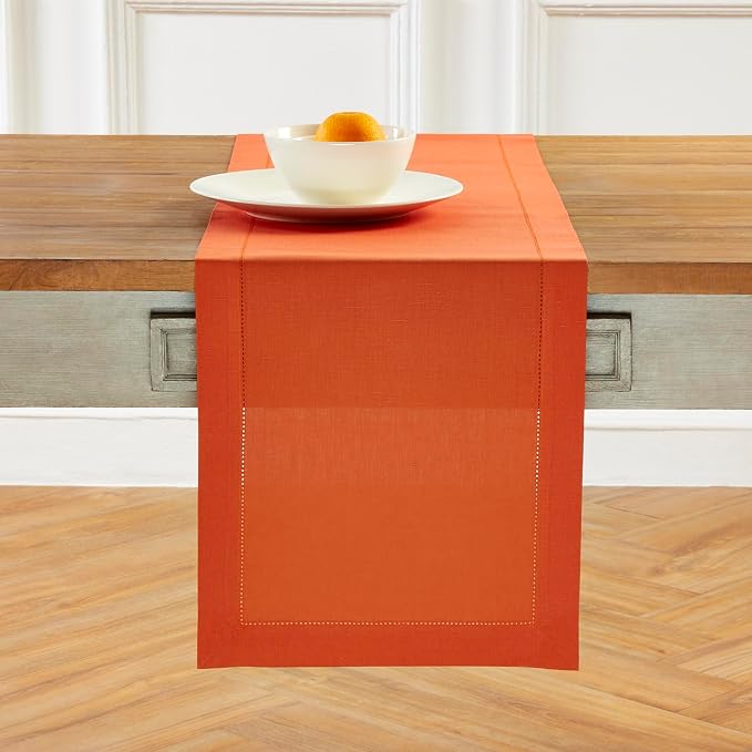 Solino Home Cotton Linen Table Runner Burnt Orange Hemstitch, 14 x 90 in | by SolinoHome