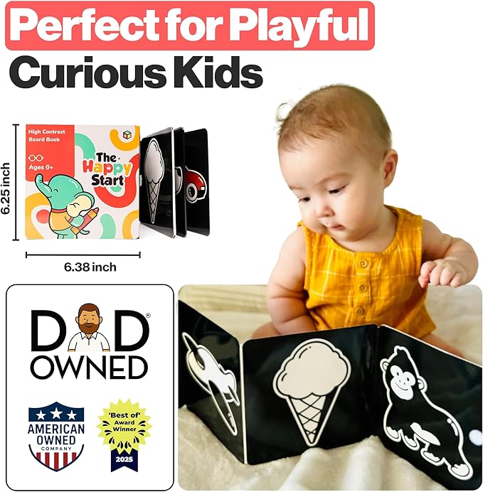 Happy Start Award-Winning High Contrast Board Book - Newborn Black & White Baby Cards, Easy to Clean, Hospital Approved, Stands on Its Own, Tummy Time Toy, Ages 0+ (English)