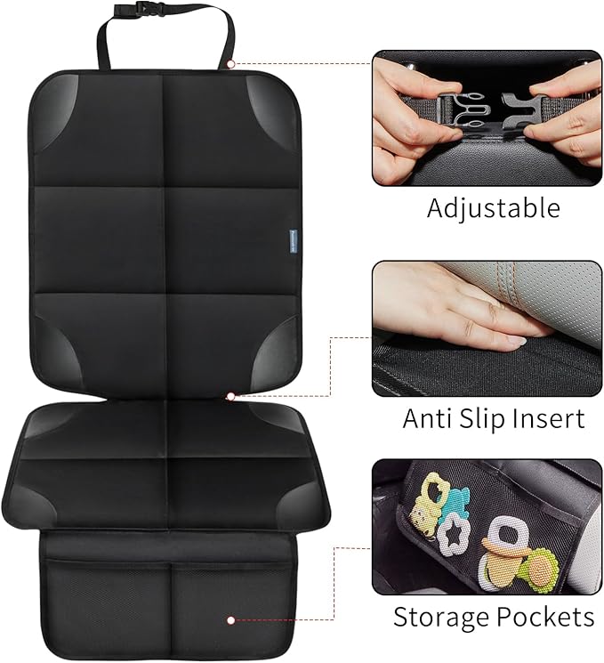 Car Seat Protector for Child Carseat, 1 Pack Protect Car Seat Cover for Baby with Thickest Padding and Non-Slip Padded Backing Mesh Pockets Kids Pets Car Back Seat Protectors(Black)