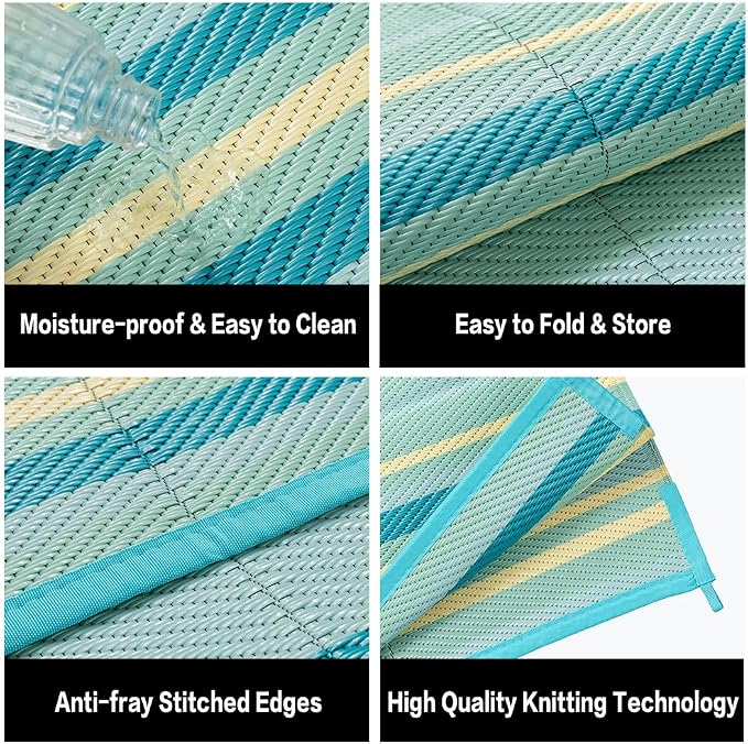 Outdoor Plastic Straw Rug Waterproof Patio 8x10 Teal Yellow Stripe Mat - Image 7