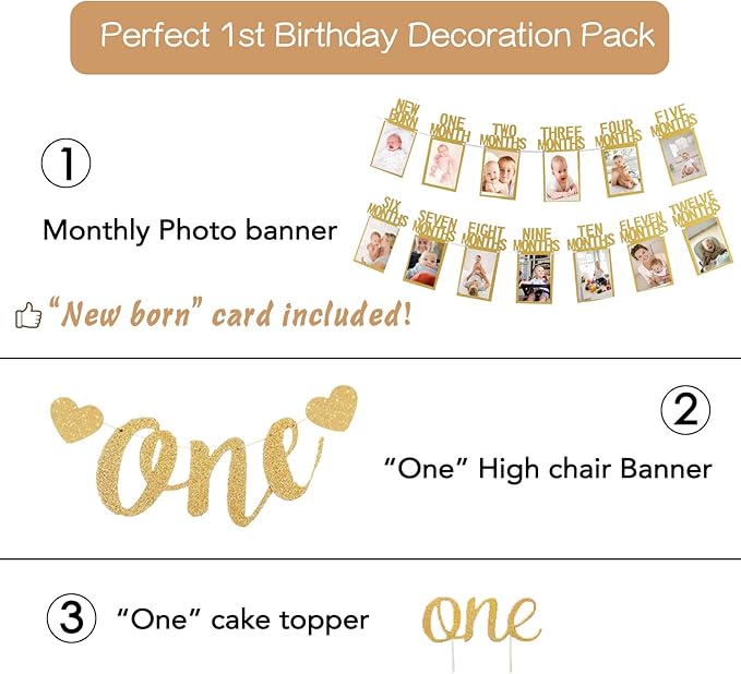 First Birthday Photo Banner Monthly Milestone Photograph Bunting Garland with First Birthday Cake Topper High Chair Banner 1st Birth Decorations