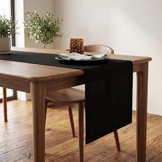 Solino Home 100% Pure Linen Table Runner Black, Fete 14 x 120 Inch Long | Table - Image 2