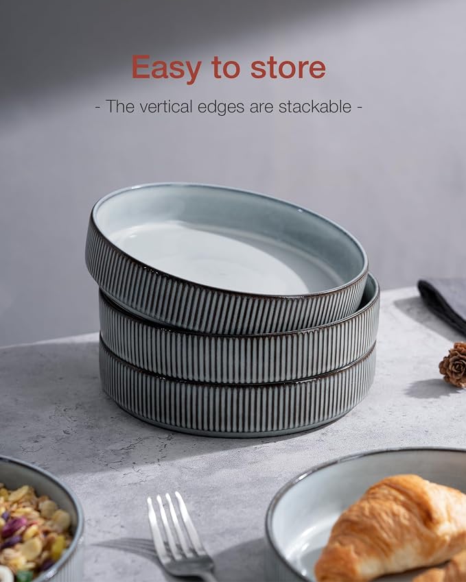 famiware Star 8.25" Pasta Bowls Set of 8, Bowl Plates, Smoky Blue | Microwave & - Image 6
