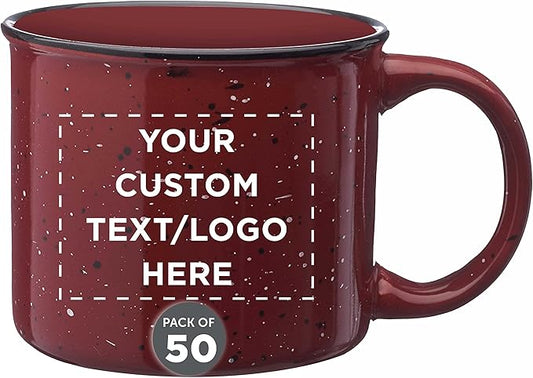 DISCOUNT PROMOS Custom Ceramic Campfire Coffee Mugs 13 oz. Set of 50, Personalized Bulk Pack - Perfect for Tea, Espresso, Cappuccino, Hot Cocoa - Maroon