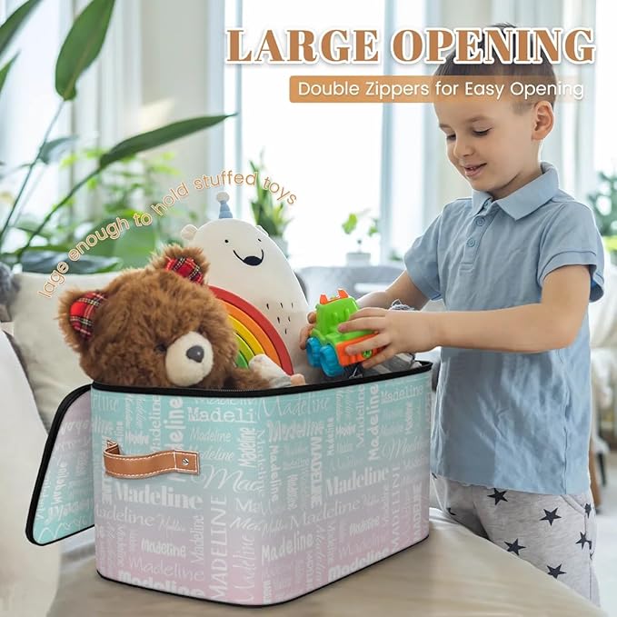 Custom Storage Basket with Name, Personalized Storage Bins with Zipper Lid, Foldable Fabric Storage Box Large capacity with Handle Green Pink