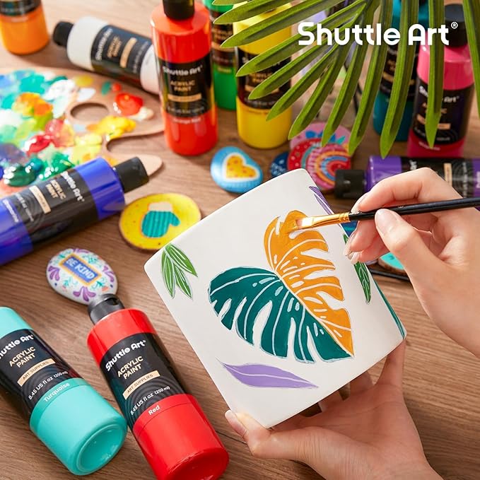 Shuttle Art Acrylic Paint, 24 Colors Acrylic Paint Bottle Set, 250ml/8.45oz Each, Rich Pigments, High Viscosity, Bulk for Artists, Beginners and Kids Painting on Rocks Crafts Canvas Wood
