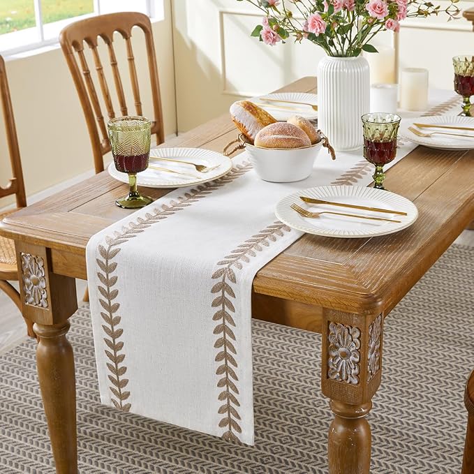 Linen Embroidered Table Runner, Taupe Table Runners 60 Inches Long | Linen - Image 4
