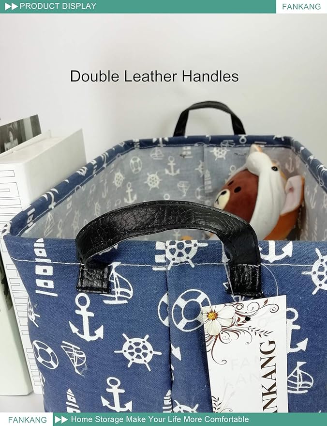 FANKANG Storage Basket,Nursery Hamper Canvas Laundry Basket Foldable with Waterproof PE Coating Storage, Office, Bedroom, Clothes,Toys (Rec-Sailboat)