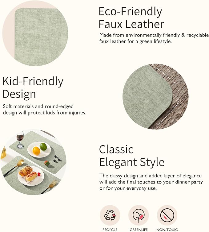 Maxpearl Faux Leather Placemats Set of 8, Light Green | Waterproof - Image 3