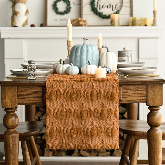 Artoid Mode Caramel Soft Faux Fur Pumpkins Fall Table Runner 13x108 Inch | - Image 6