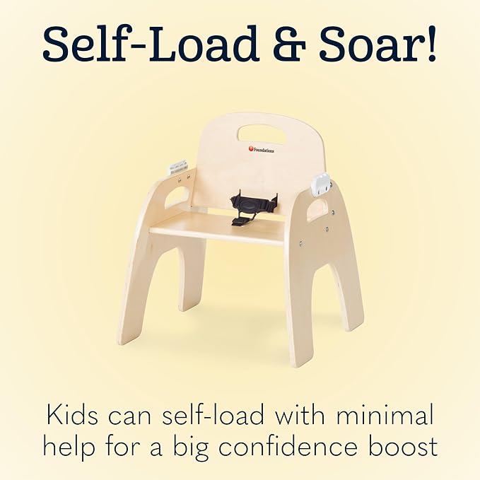 Foundations Easy Serve Low Wood Feeding Chairs Multipack, Adjustable Harness, Removable Dishwasher Safe Tray, No-Tip Base, Stackable Toddler Chairs, 2 Pack (5 inch)