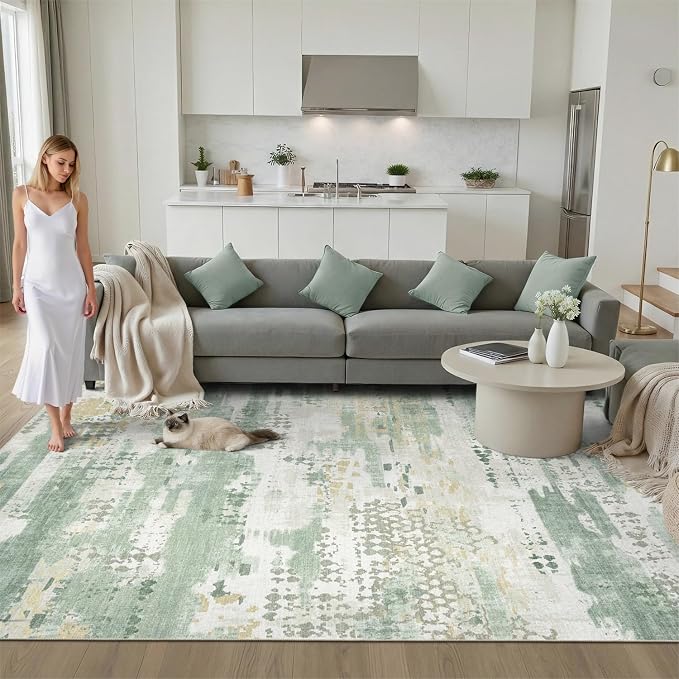 DCX Abstract Area Rug 10x14, Washable Sage Green Modern Rug - Image 4