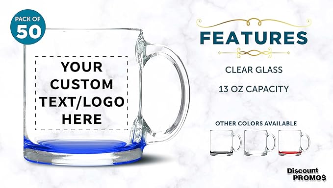 Custom Libbey Clear Glass Coffee Mugs 13 oz. Set of 50, Personalized Bulk Pack - Perfect for Coffee, Tea, Espresso, Hot Cocoa, Other Beverages - Blue Bottom