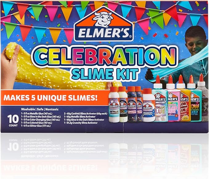 Elmer's Celebration Slime Kit, Complete Slime Supplies with Assorted Magical Liquid Slime Activators and Assorted Liquid Glues, 10 Count - Perfect for Parties, Gift, Activity Time