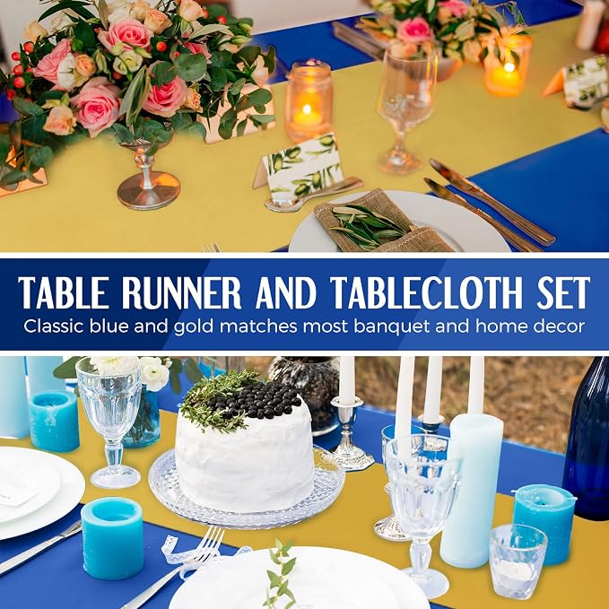 8 Pack Navy Blue and Gold Disposable Plastic Tablecloths and Satin Table Runner - Image 5