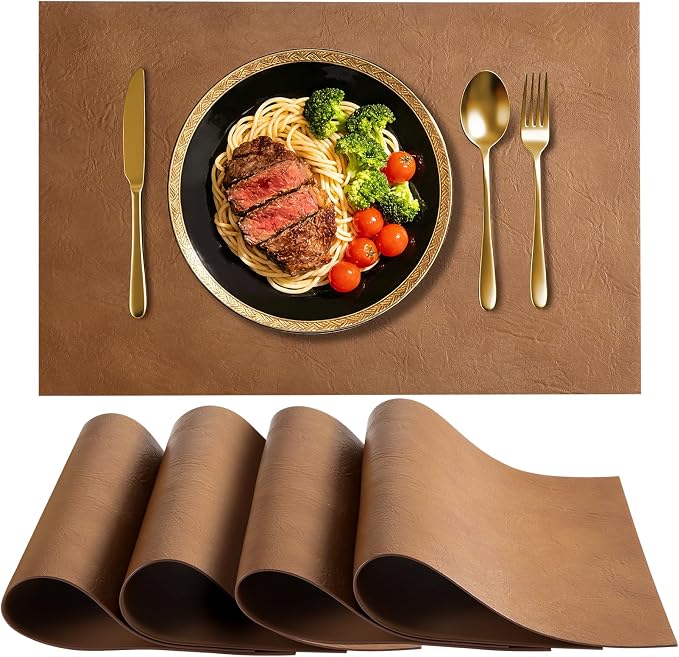 Faux Leather Placemats for Dining Table Set of 4, Edge-Sealed PU Leather Table by Vinjiasin