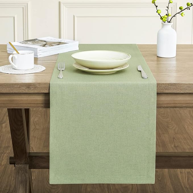 Basic Linen Style Table Runner, 14x36 Inch Sage Green | Mitered Corner Design - Image 2