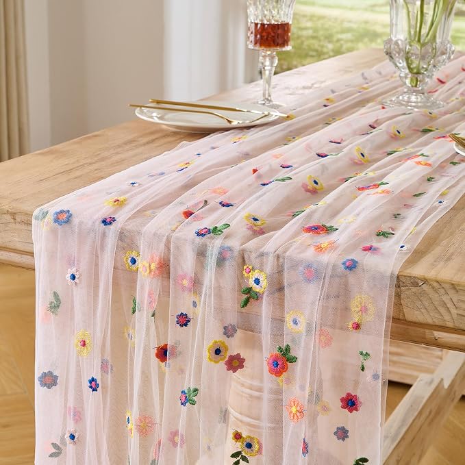BINBE 6pcs Pink Daisy Spring Table Runner Embroidery Gauze 10FT Florals by BINBE