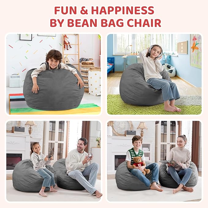 2FT Bean Bag Chair, Comfy Bean Bag Chairs with Memory Foam Filled, Fluffy Beanbag Sofa with Dutch Velvet Cover, Teardrop BeanBag Chairs for Living Room, Playroom - Grey