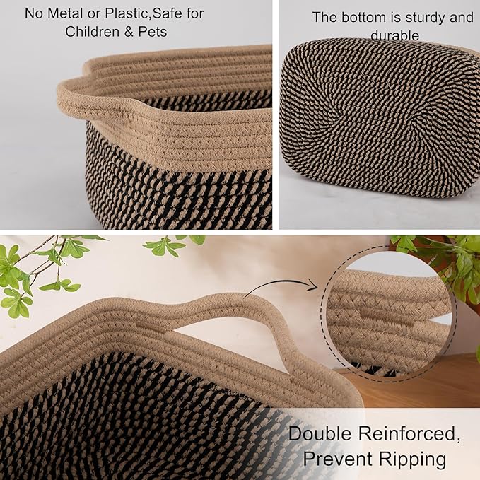 OIAHOMY 3 Pack Storage Baskets for Organizing, Woven Cotton Rope Basket for Shelves, Closet Organizer Bins with Handles, Rectangle Toy Organization, 13.78''×9.84''×5.5'', Brown & Black