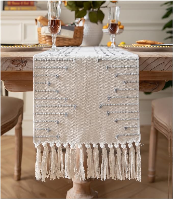 Boho Table Runner 13 x 48 Inch Long Natural Cotton Woven Runner by Caflife