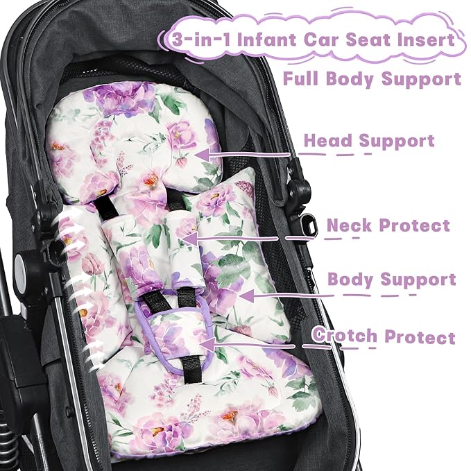 Infant Car Seat Insert, Soft Baby Car Seat Head & Body Support for Girl Boy, Reversible Newborn Preemie Carseat Insert Cushion with 3 Straps Pads Fits CarSeat, Stroller, Swing, Bouncer, Purple Floral