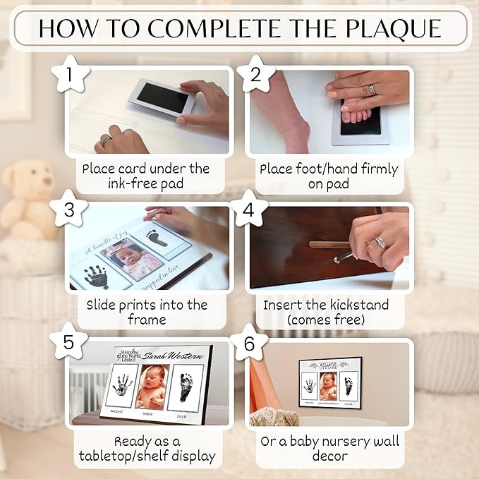 Inkless Hand and Footprint Kit, Baby Keepsake Plaque & Baby Shower Gifts - Ideal as Mom To Be Gift, Nursery Picture Frames, Clean Touch Hand and Footprint Kit (Style 1 - Design 4)
