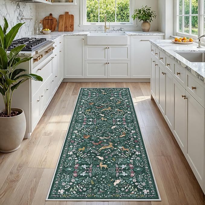 Runner Rug Washable Runners Kitchen Rugs Non Slip Neutral Floral Carpet Low Pile by Yidanamy