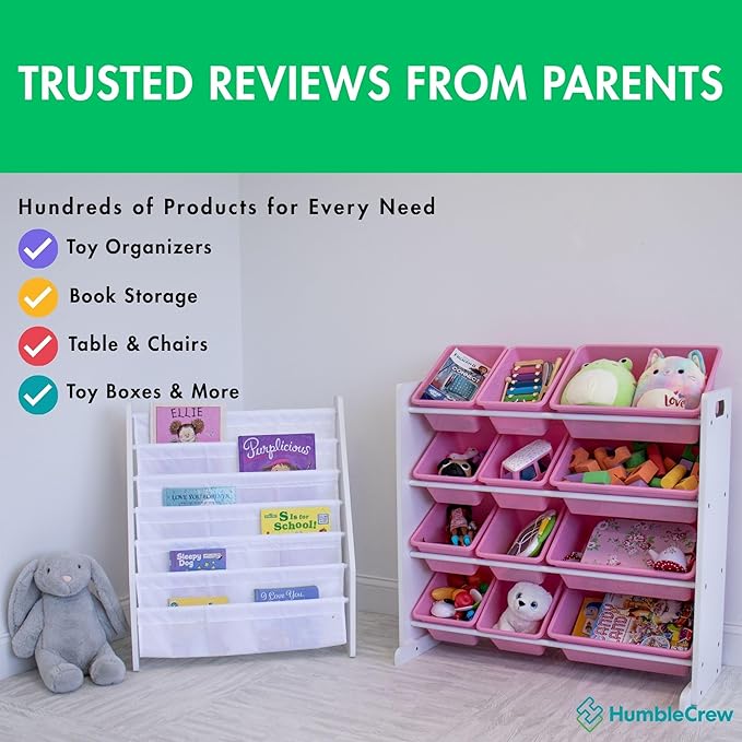 Humble Crew Kids Toy Storage Organizer with 12 Plastic Bins, White/Pink – Removable Bins for Playroom, Bedroom, Toddler Furniture for Boys and Girls Ages