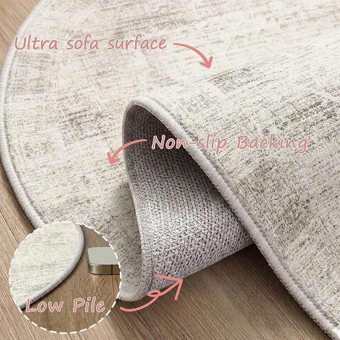 Latte&Fog Washable Round Area Rug 4ft, Vintage Floral Low Pile Non Slip Ivory - Image 6