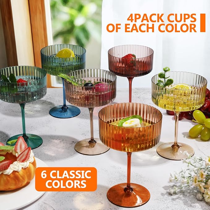 Jingmore 24 Pcs Ribbed Martini Glasses 10 oz Disposable Plastic Vintage Ribbed - Image 3