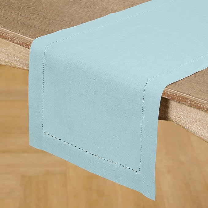 Solino Home 100% Pure Linen Table Runner Aqua Blue Hemstitch, 14 x 156 in | - Image 2