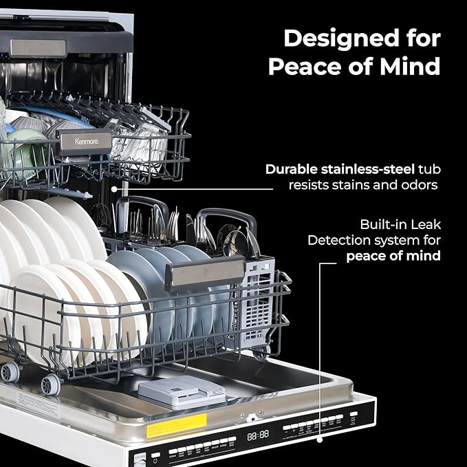 Kenmore 22-14629 24" Built-in Dishwasher-Quiet Tub with TurboDry, Leak, & SmartWash Soil Detection-15 Place Settings-49 DBA-Energy Star Certified, 24.61"D x 23.55"W x 33.88"H, Black