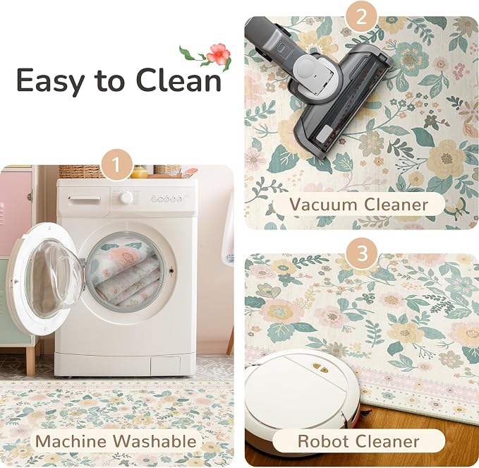 3x5 Area Rugs, Washable Floral Rug, Low Pile Non-Slip Carpet, Flower Rug - Image 3