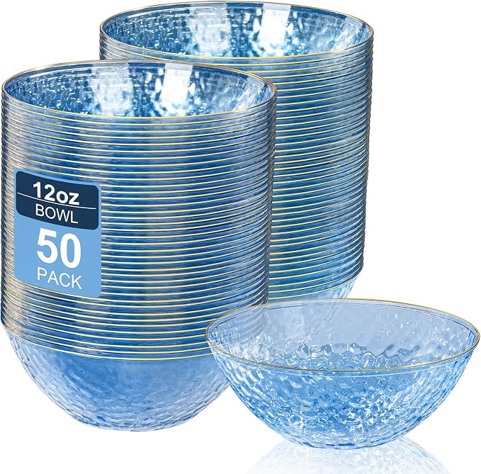 50 Pack 12 Ounce Blue Plastic Bowls Hammered Clear Bowl by I00000