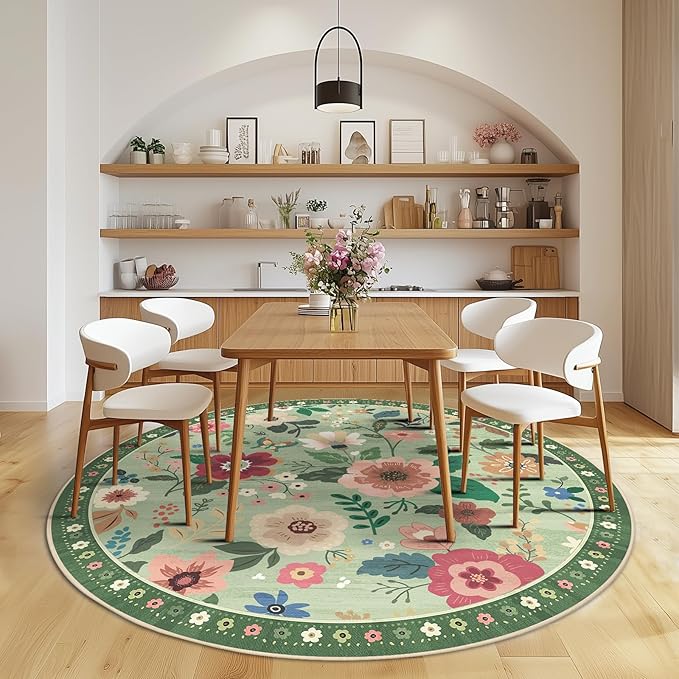Floral 6ft Area Rug Machine Washable Soft Print Boho Carpet Non Slip Doormat Low Pile Flower Area Rugs for Living Room Bedroom Nursery Kitchen Dining Room Indoor-Light Green