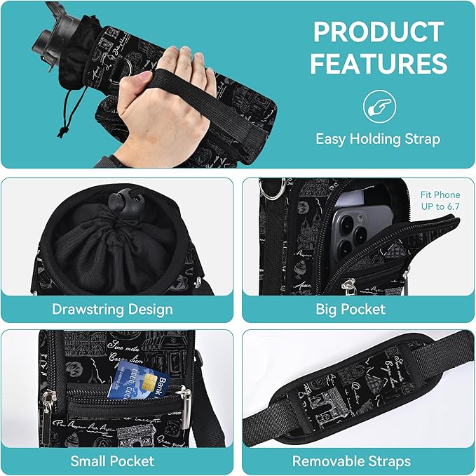 icolor Water Bottle Carrier Bag with Strap 25/32/40 oz Crossbody Bottle Holder with Phone Pocket Sling Sleeve Insulated Neoprene Water Bottle Pouch for Walking Travelling