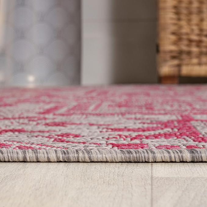 JONATHAN Y Boho Medallion Indoor Outdoor Round Area Rug 5 Ft Light Gray/Fuchsia - Image 4