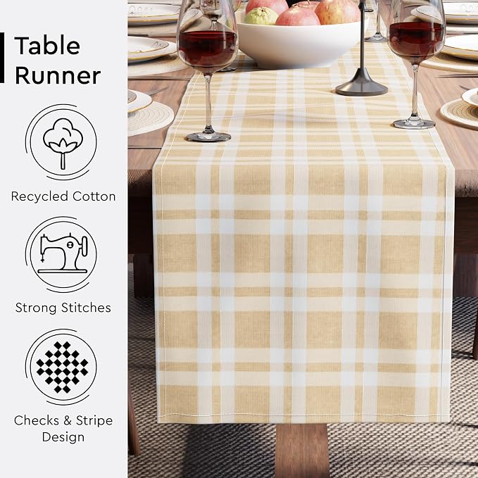 Encasa XO Table Runner, Woven Cotton Dining Runner 13"x72" Franca Beige Checks - Image 4