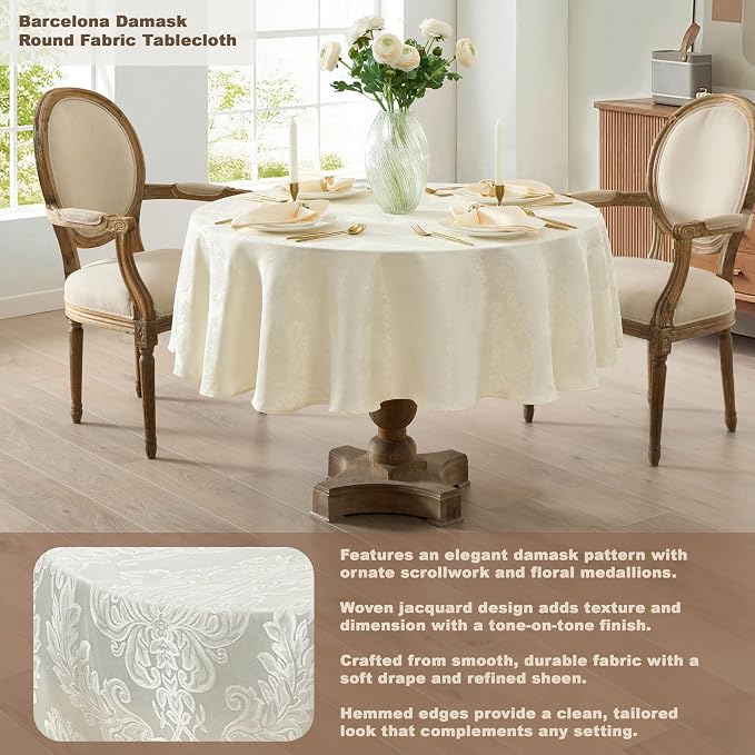 Newbridge Barcelona Luxury Damask Fabric Tablecloth, 108” Round, Antique White - Image 2