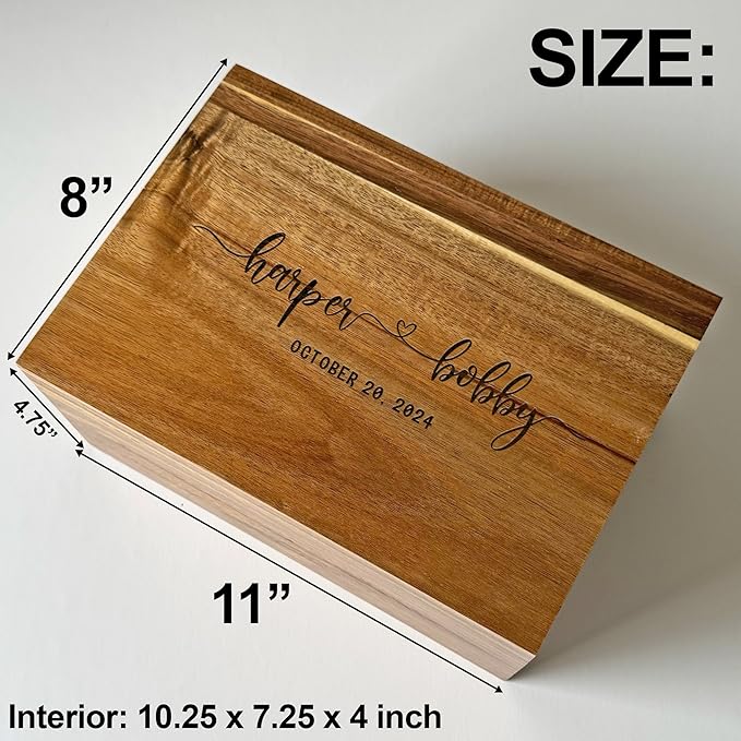 Keepsake Box for Couple - Engraved Memento Box w/ Couples Names, Anniversary Wedding Gift for Couple, Acacia Wood Love Chest, Time Capsule, Custom Heirloom Storage, Hidden Message, 11 x 8 x 4.75 in