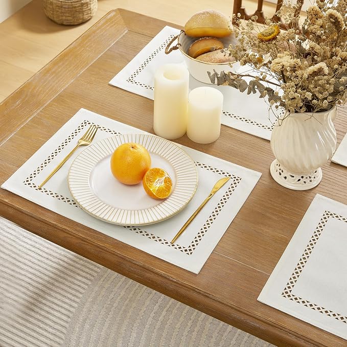 Farmhouse Burlap Hollow Placemats Set of 4, 12 x18 Inch Off White | Double Layer - Image 3
