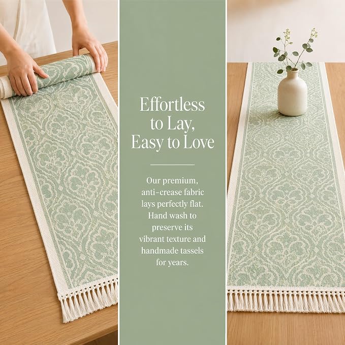 14x107 Botanical Table Runner Waterproof Floral Vine Boho Tassels | Planning a - Image 7