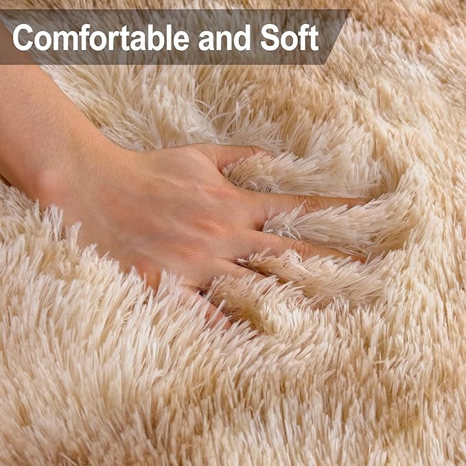 2x8 ft Plush High Pile Khaki Tie Dyed Rug Fluffy Soft Runner Bedside Rug - Image 5